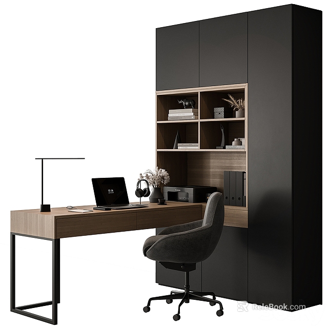 Modern Home Office Bookcase with Wooden Desk Laptop and Comfortable Chair 3d model 