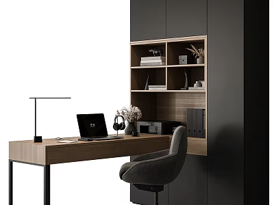 Modern Home Office Bookcase with Wooden Desk Laptop and Comfortable Chair 3d model