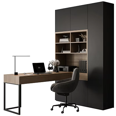 Modern Home Office Bookcase with Wooden Desk Laptop and Comfortable Chair 3d model