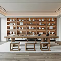 Modern Tea Room Interior With Wooden Shelves White Tea Sets Long Table Stools And Painting