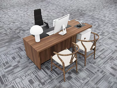 Wooden Office Desk With Computer Monitor Keyboard Lamp Black Chair Rattan Seats Gray Carpet 3d model