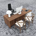 Wooden Office Desk With Computer Monitor Keyboard Lamp Black Chair Rattan Seats Gray Carpet