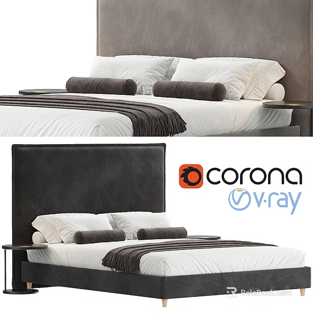 Modern Double Bed With Dark Headboard White Pillows And Brown Throw Blanket 3d model 