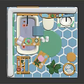Colorful Bathroom Interior With Green Brick Wall Yellow Ladder Shelf Round Mirror And Blue Tiles