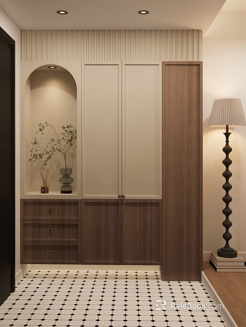 Modern Shoe Cabinet Design With Arched Niche Vase Plant And Floor Lamp 3d model 
