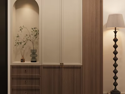 Modern Shoe Cabinet Design With Arched Niche Vase Plant And Floor Lamp 3d model