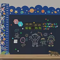 Space Theme Kids Wall Decor Chalkboard with Astronauts Planets Magnetic Stickers Cartoon Figures Ruler Border