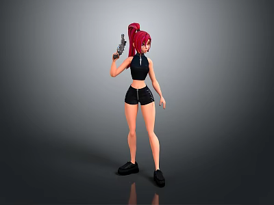 Game Movie Female Character With Red Hair Black Outfit Holding Gun 3d model