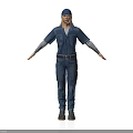 Man in blue work uniform and cap standing with arms outstretched isolated on white