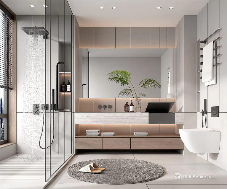 Modern Bathroom Interior Design With Glass Shower Large Mirror Sink Green Plants And Round Rug 3d model 