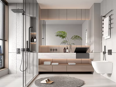 Modern Bathroom Interior Design With Glass Shower Large Mirror Sink Green Plants And Round Rug 3d model