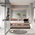 Modern Bathroom Interior Design With Glass Shower Large Mirror Sink Green Plants And Round Rug