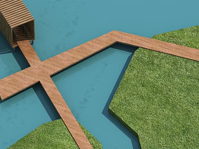 Landscape Sculpture Design With Wooden Boardwalk Water Area And Green Grassland 3d model