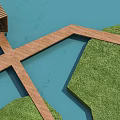 Landscape Sculpture Design With Wooden Boardwalk Water Area And Green Grassland