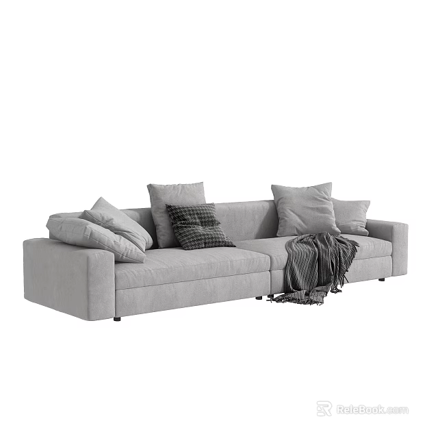 Modern Gray Fabric Two Seater Sofa With Multiple Cushions And Knitted Blanket 3d model