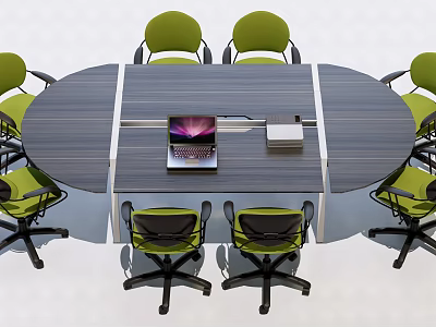 Modern Oval Conference Table with Green Office Chairs and Laptop on Wooden Surface 3d model