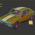 Yellow Old Car With White Stripes And Rusty Body Near Blue Toolbox
