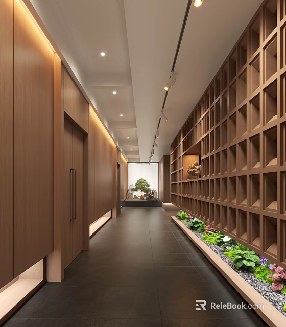 Modern Hotel Corridor Interior Design With Wooden Lattice Walls And Green Plants 3d model 