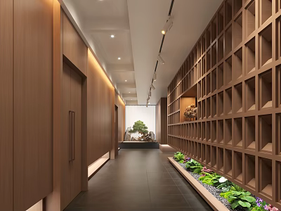 Modern Hotel Corridor Interior Design With Wooden Lattice Walls And Green Plants 3d model