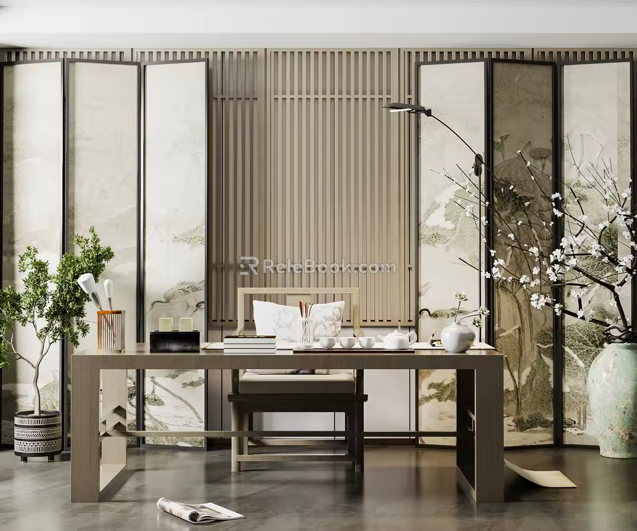 New Chinese Style Desk and Chair Screen Partition 3d model