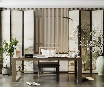 New Chinese Style Desk and Chair Screen Partition 3d model