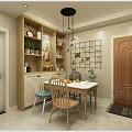Modern Open Restaurant Interior With Dining Table Chairs Pendant Lights And Cabinets