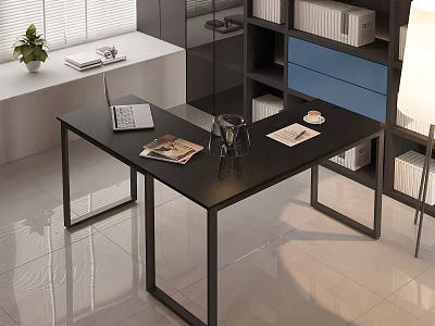 Modern Desk Interior With Laptop Magazine Bookshelf Table Lamp And Potted Plant 3d model