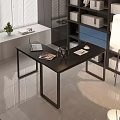 Modern Desk Interior With Laptop Magazine Bookshelf Table Lamp And Potted Plant