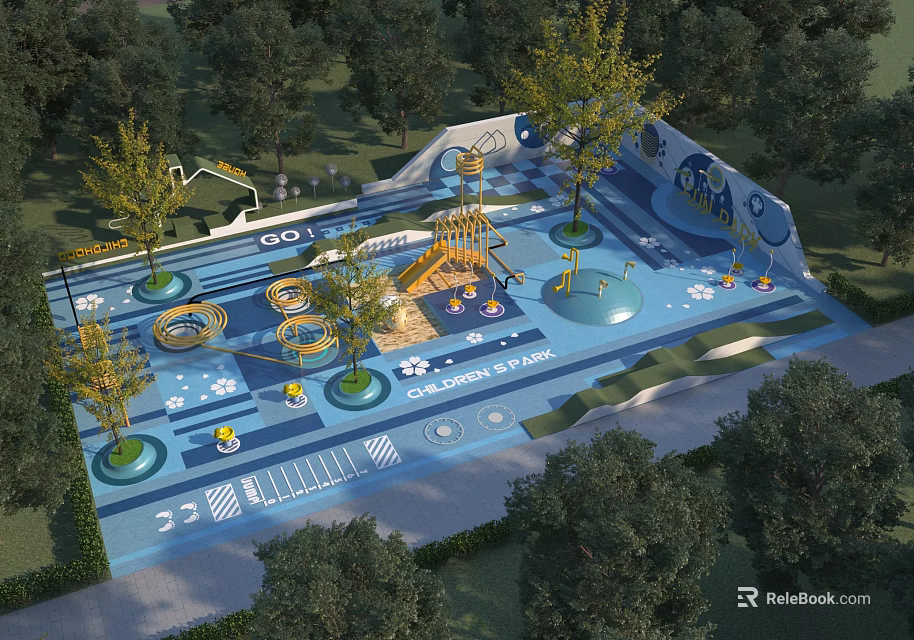 Outdoor Children's Play Area With Blue Ground Trees Slides And Circular Colorful Patterns 3d model 