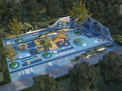 Outdoor Children's Play Area With Blue Ground Trees Slides And Circular Colorful Patterns 3d model