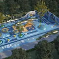Outdoor Children's Play Area With Blue Ground Trees Slides And Circular Colorful Patterns