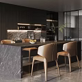 Elegant Modern Dining Table With Marble Top Beige Chairs Fruit Bowl Vase And Dark Cabinets