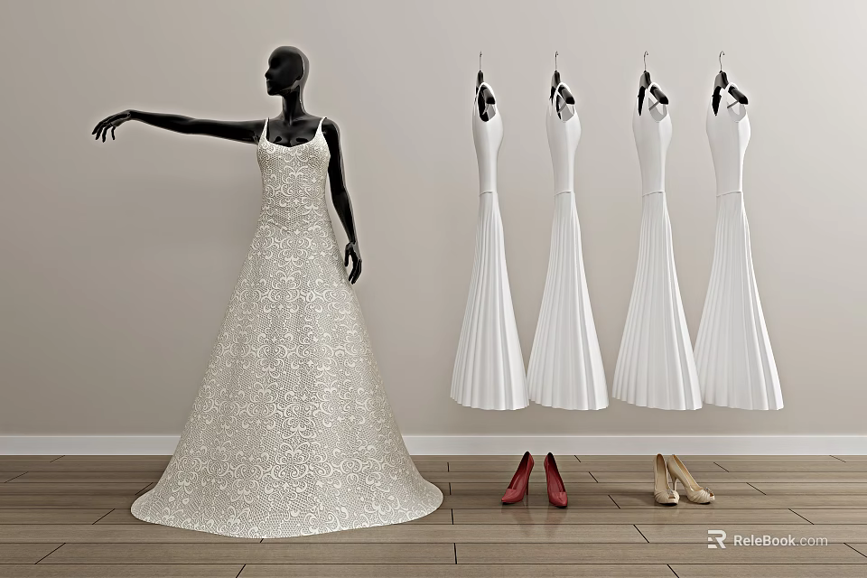 White Sequin Long Dress On Mannequin With Hanging White Dresses And High Heels 3d model 