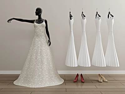 White Sequin Long Dress On Mannequin With Hanging White Dresses And High Heels 3d model