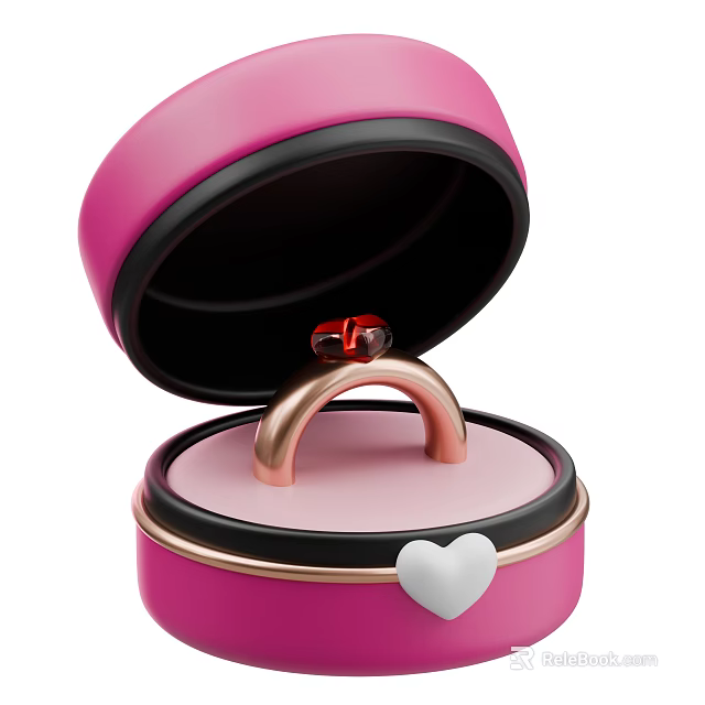Open Pink Jewelry Box With Gold Ring Red Gemstone And White Heart Decoration 3d model 