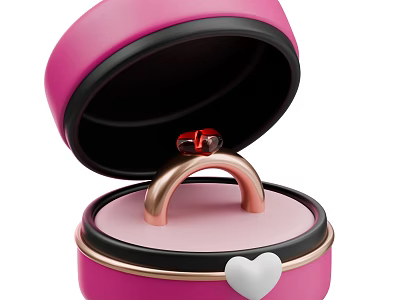Open Pink Jewelry Box With Gold Ring Red Gemstone And White Heart Decoration 3d model