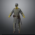 Gray Military Uniform With Yellow Decorative Accents Hat Belt And Long Staff