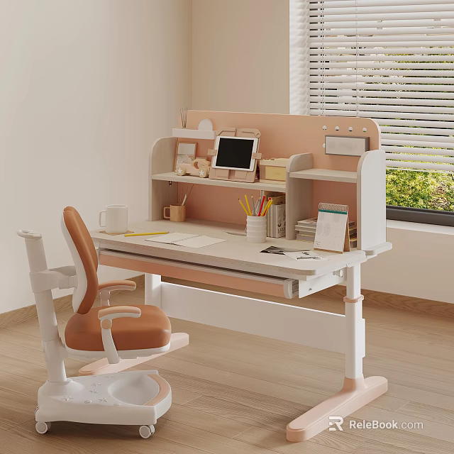 Kids Study Desk With Pink White Frame Bookshelf Tablet Stationery And Orange Chair 3d model 