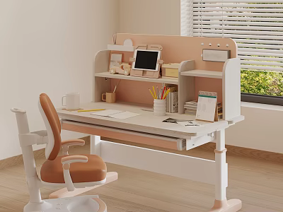 Kids Study Desk With Pink White Frame Bookshelf Tablet Stationery And Orange Chair 3d model