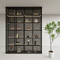 Modern Black Wine Cabinet With Multitiered Shelves Holding Bottles Decorations And Potted Plant