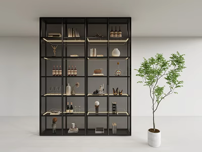 Modern Black Wine Cabinet With Multitiered Shelves Holding Bottles Decorations And Potted Plant 3d model