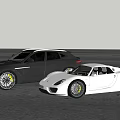 Black SUV and White Sports Car Parked on Open Ground with Cloudy Sky Background