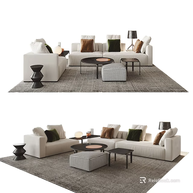 Modern Sofa And Coffee Table Set With Accent Pillows Area Rug And Side Stool 3d model 