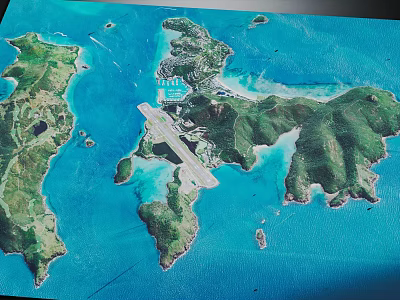 Island Terrain With Green Vegetation Surrounded By Blue Ocean And Central Runway Structure 3d model