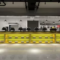 Commercial Restaurant Kitchen With Stainless Steel Equipment Long Aisle Layout Hanging Lights And Worktables