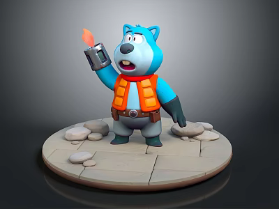 Blue Cartoon Bear Game Character Holding Flaming Torch Wearing Orange Vest on Stone Round Platform 3d model