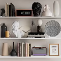 Elegant Decorative Ornament Set With Books Clock Sculpture Vase Records Radio Frame On White Shelves