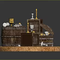 Vintage Adventure Scene Setup With Wooden Barrels Treasure Chest And Candlesticks
