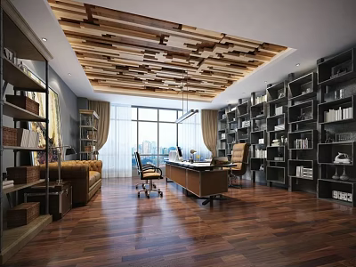 Modern Office Interior With Wooden Ceiling Large Windows Bookshelves Desk Sofa And Wooden Flooring 3d model