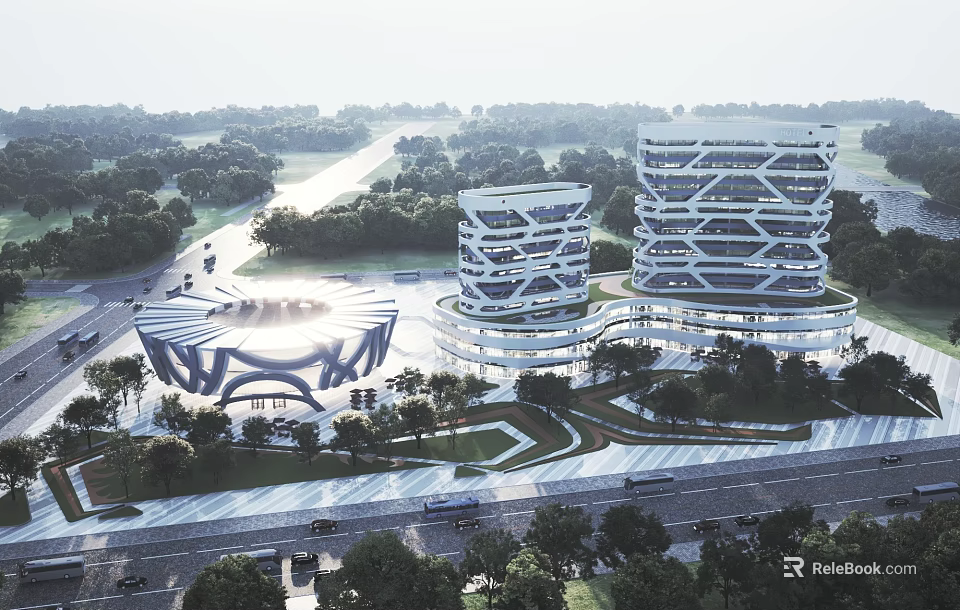 Aerial Planning of Modern High-Rise Buildings with Circular Design Greenery Roads and Trees 3d model 
